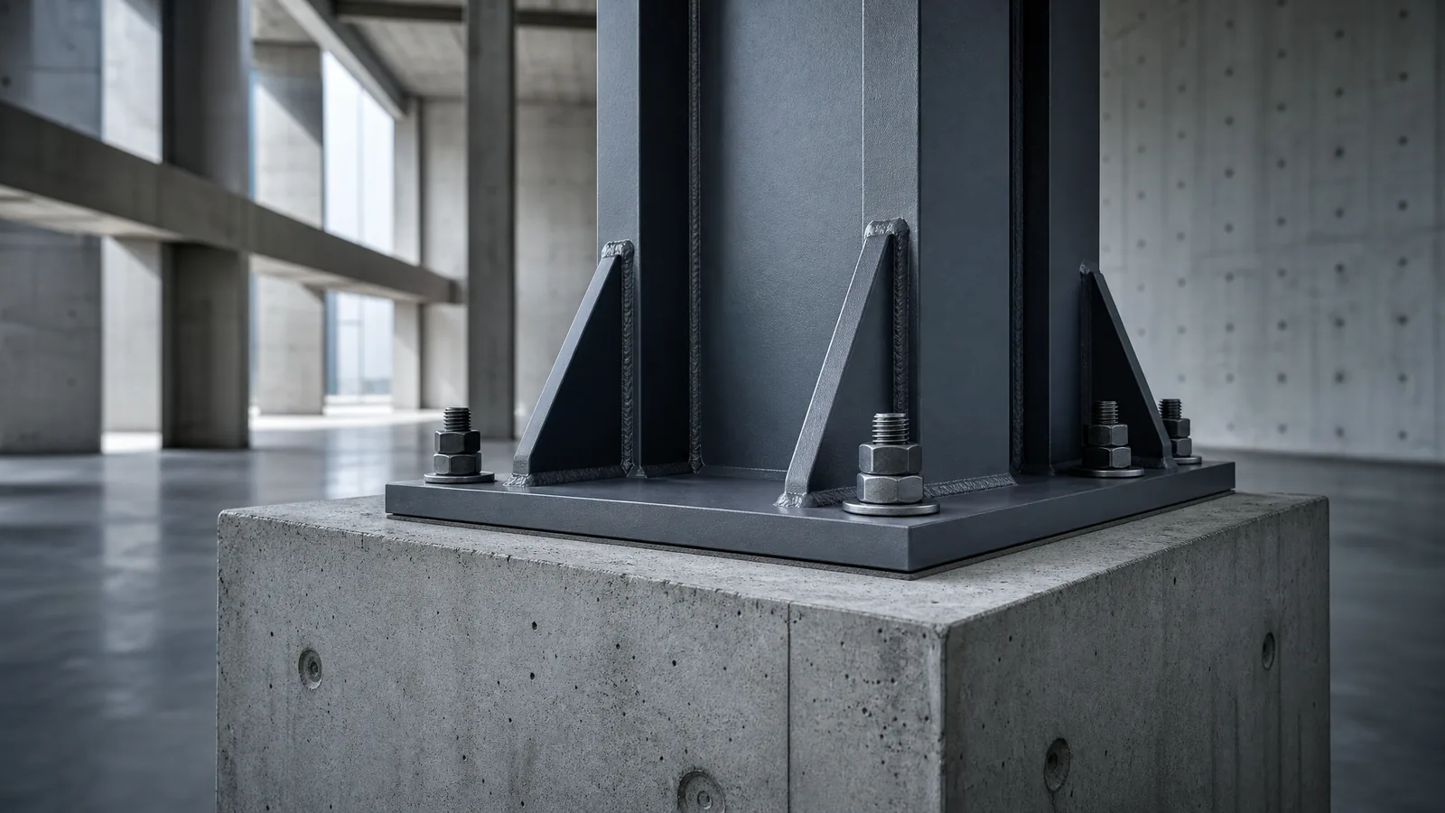 Architectural detail of a structural connection — concrete and steel