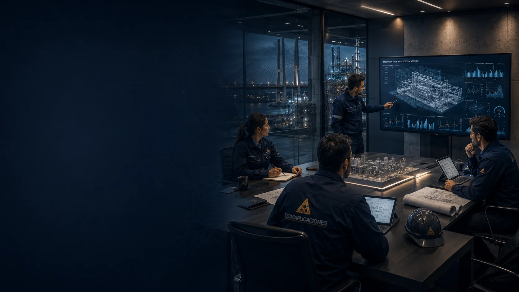 Equipo técnico revisando avance de proyecto — sala de reuniones