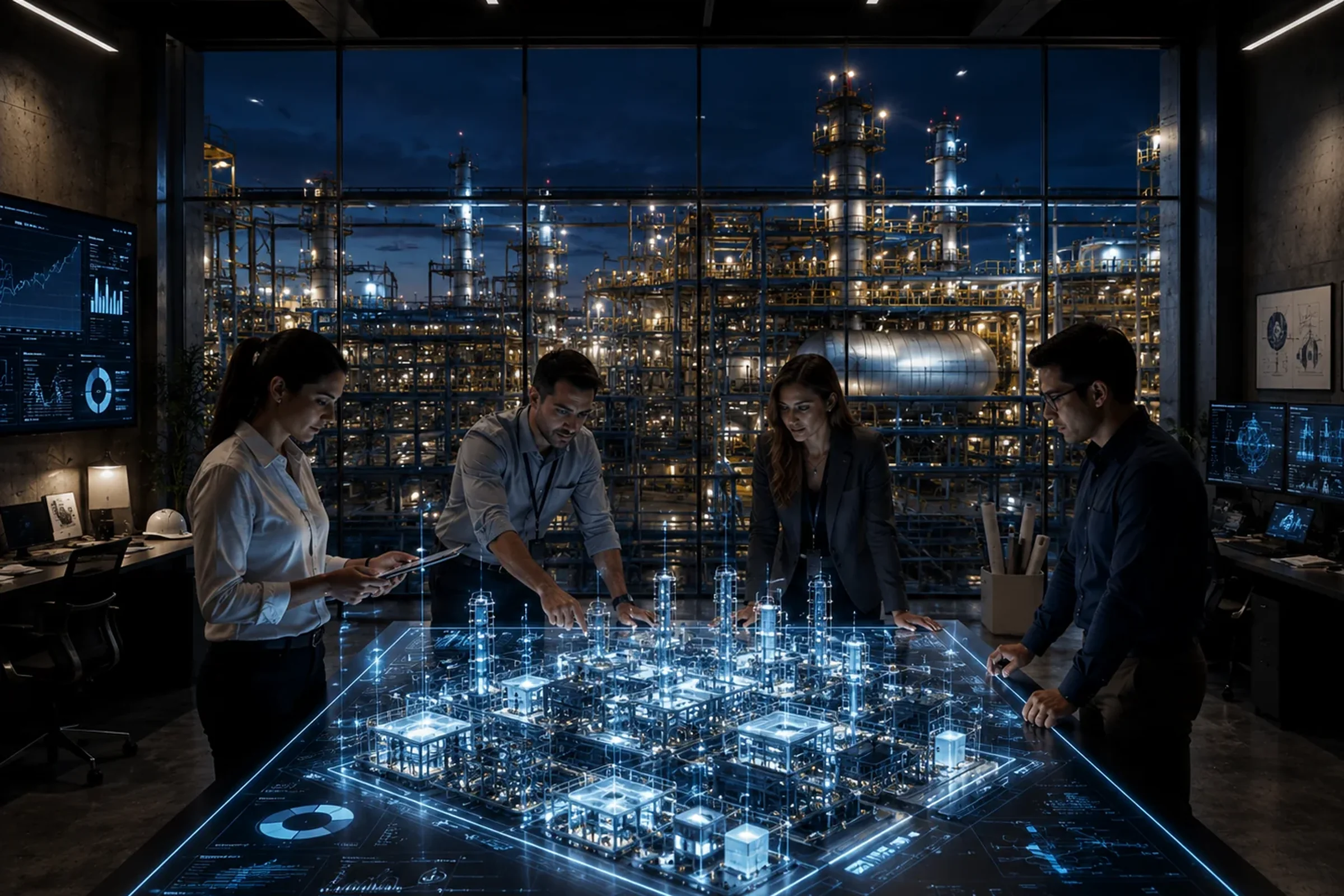 Equipo técnico analizando el modelo digital de una planta industrial