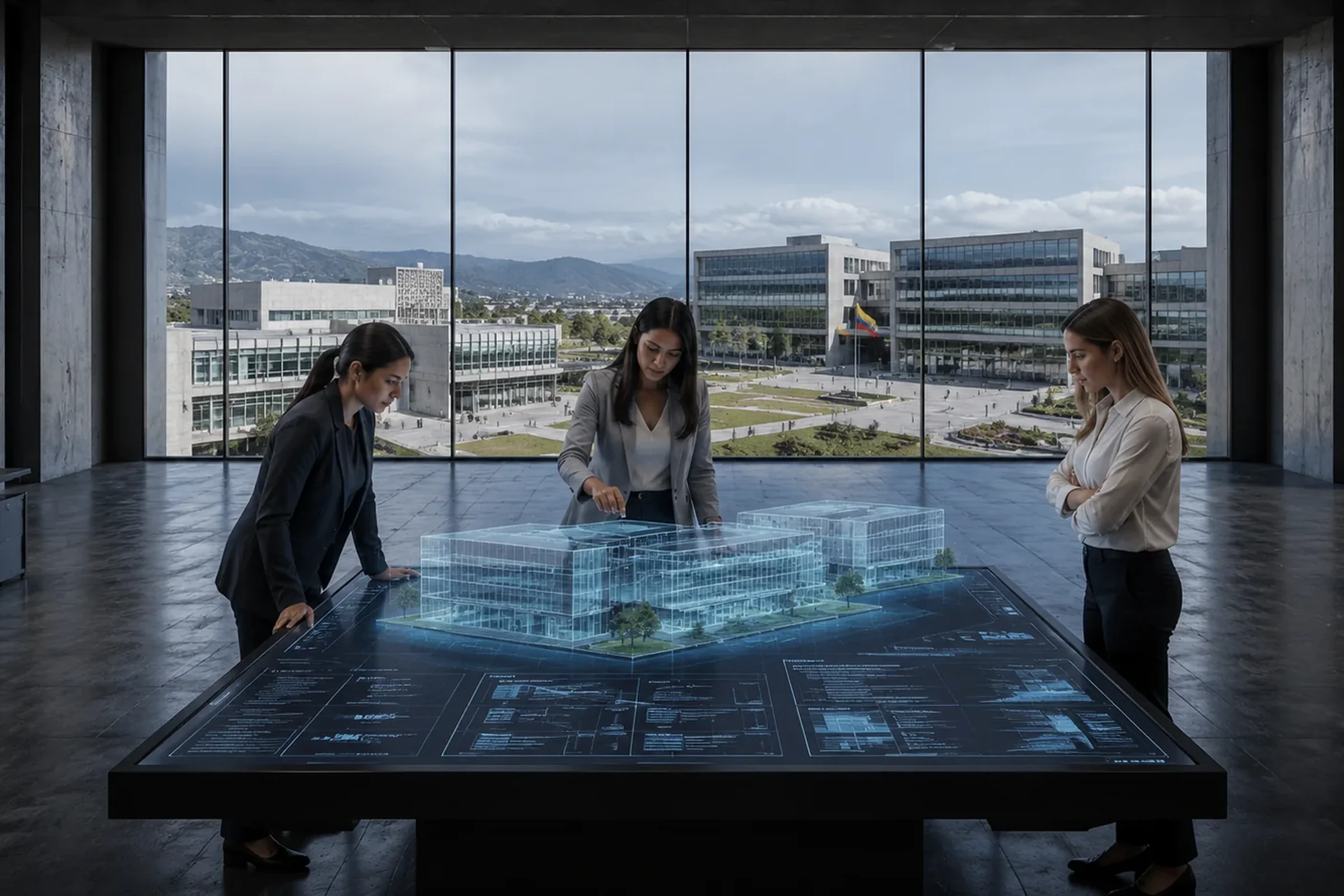 Equipo técnico revisando el modelo digital de un campus institucional