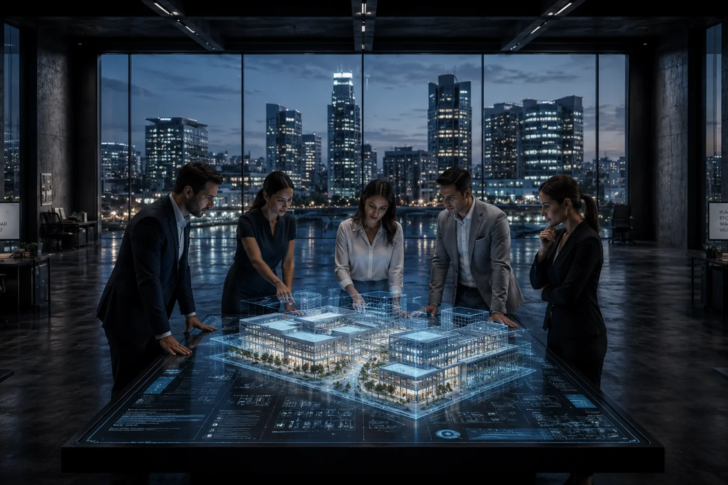 Equipo técnico revisando el modelo digital de un complejo corporativo